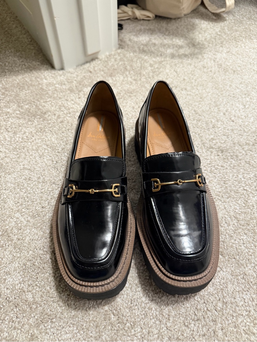 Sam Edelman Black Patent Loafers with Gold Bit